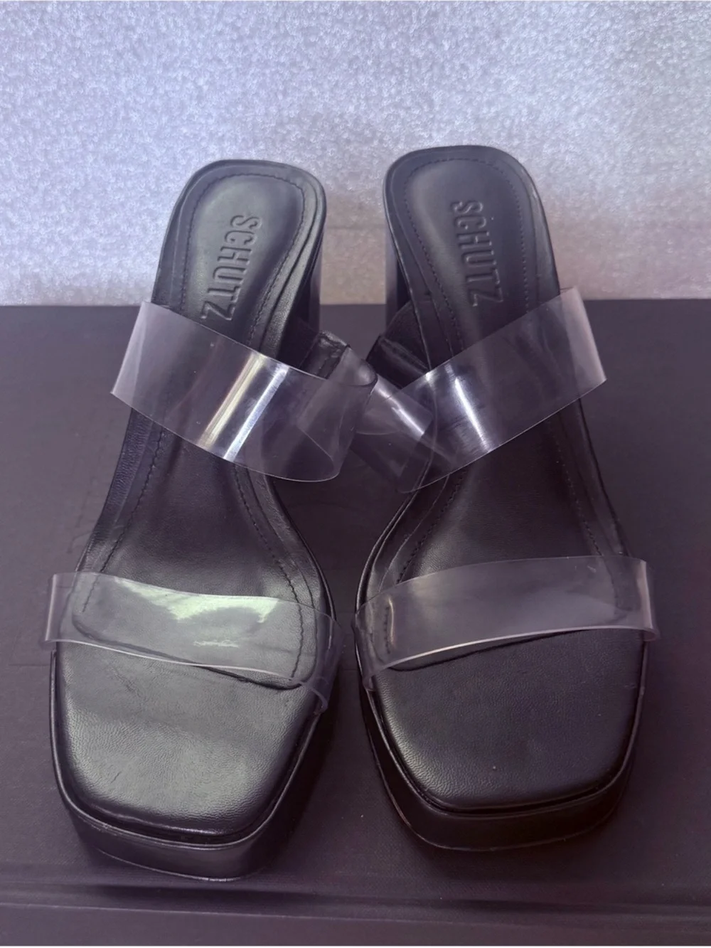 SCHUTZ Black Platform Mules with Clear Straps